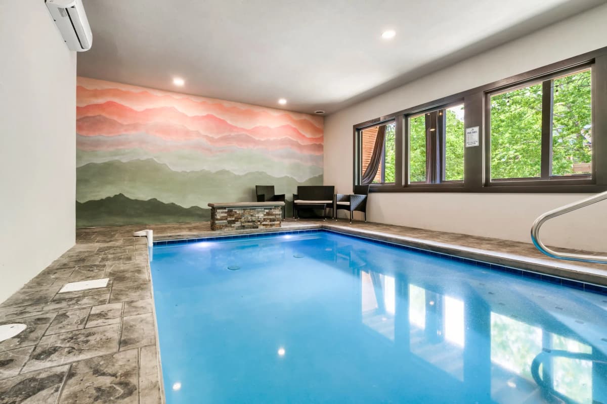The private indoor heated pool at Whispering Pines Lodge